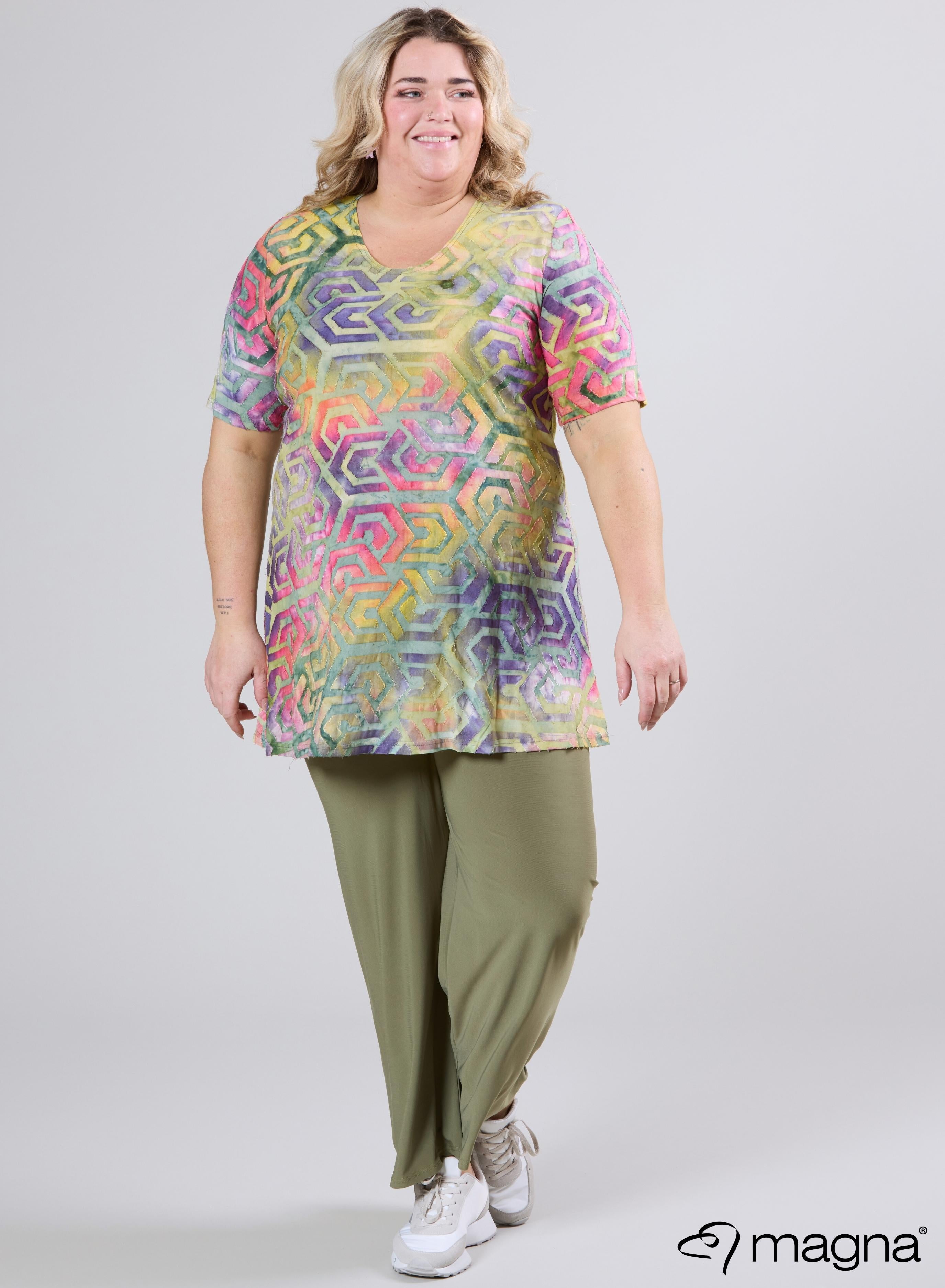 Magna Mesh Aline Short Sleeve Shirt / Tunic Maze Design Yellow Green