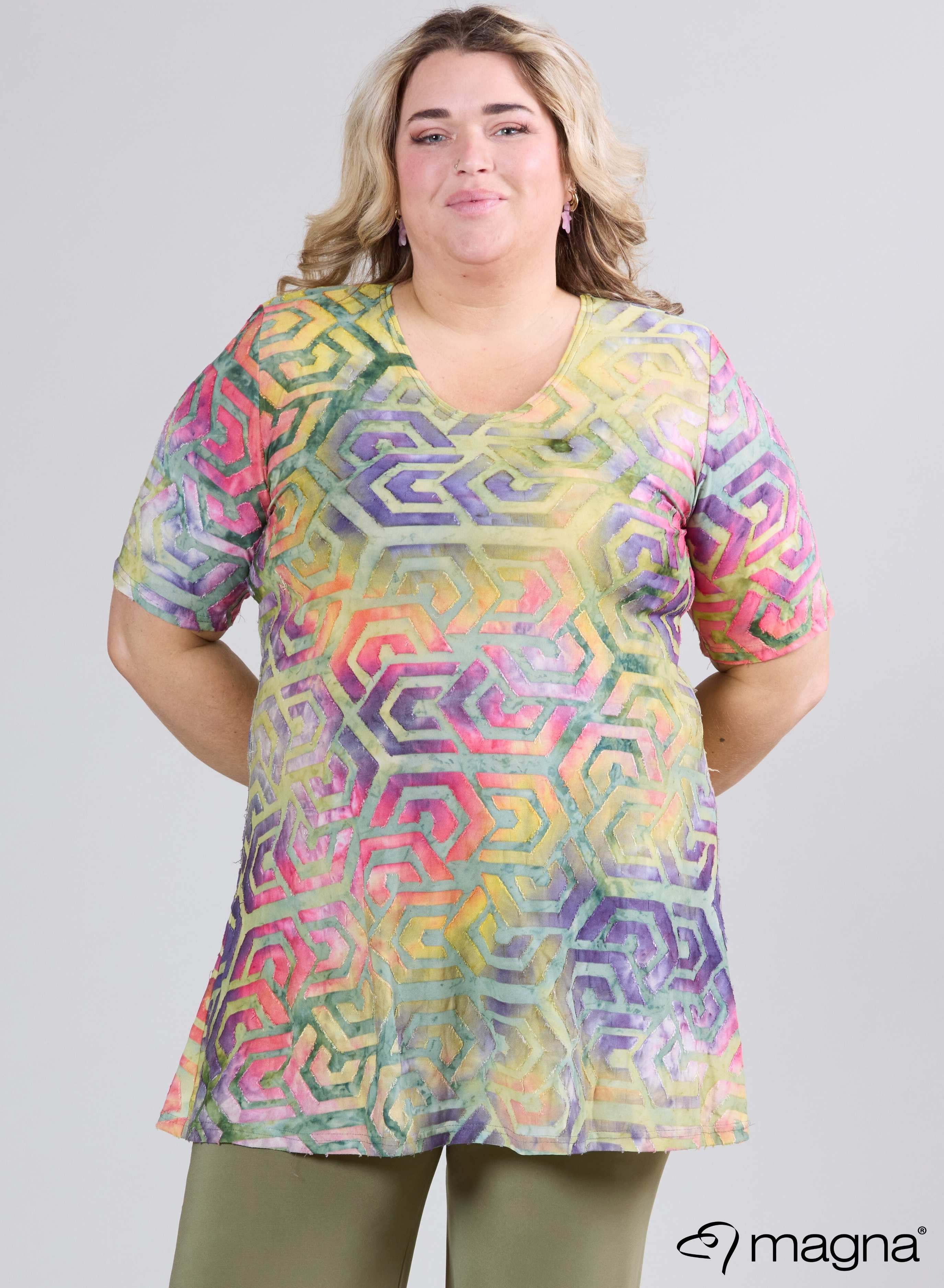 Magna Mesh Aline Short Sleeve Shirt / Tunic Maze Design Yellow Green