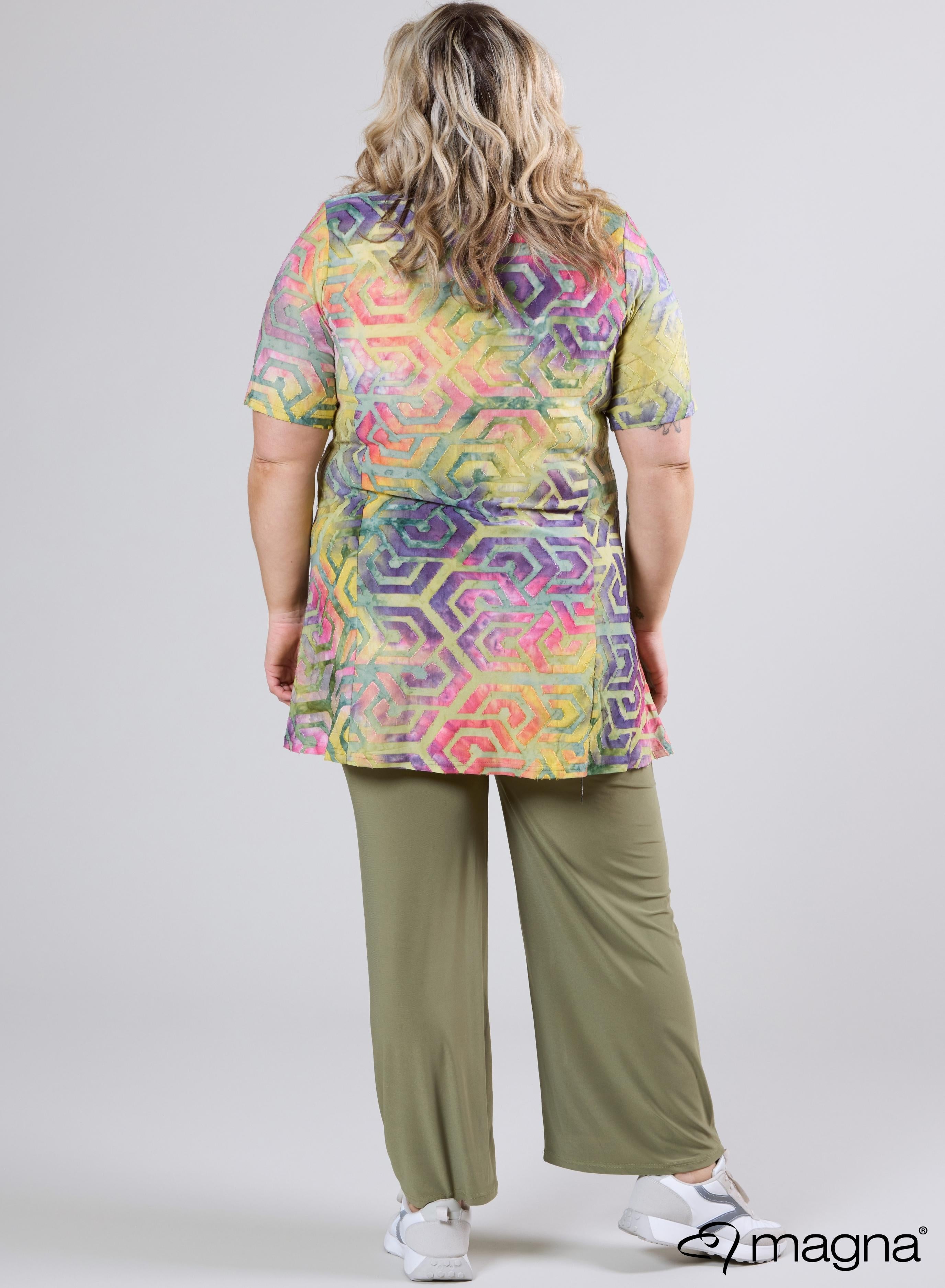 Magna Mesh Aline Short Sleeve Shirt / Tunic Maze Design Yellow Green