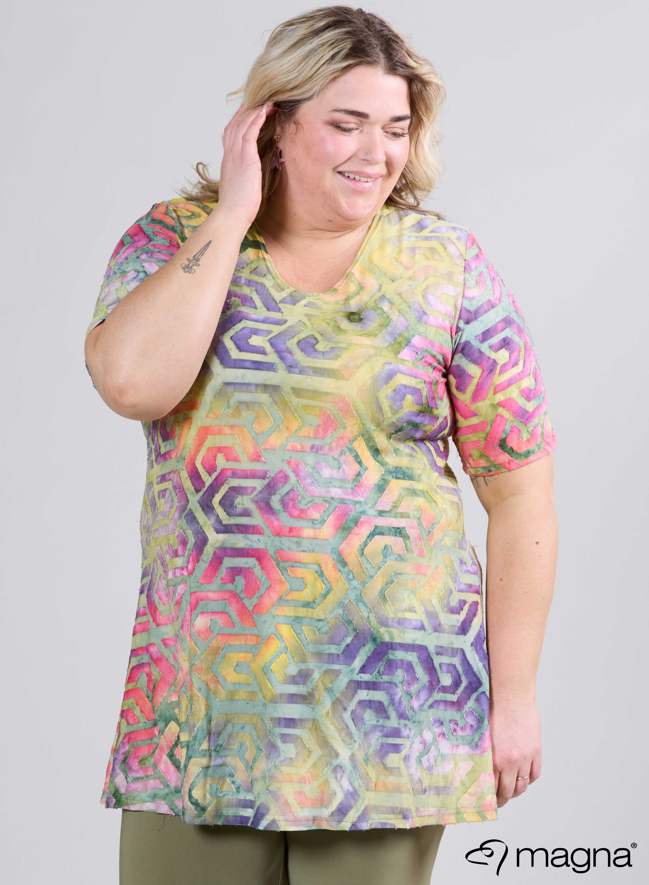 Magna Mesh Aline Short Sleeve Shirt / Tunic Maze Design Yellow Green