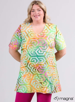 Magna Mesh A-Linien Tunika mit Kurzarm Maze Design Rosa Orange Lime