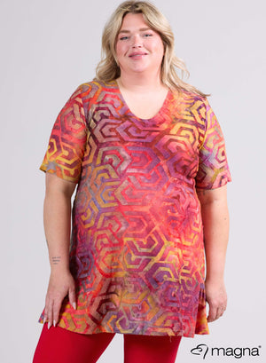 Magna Mesh Aline Short Sleeve Shirt / Tunic Maze Design Red Yellow