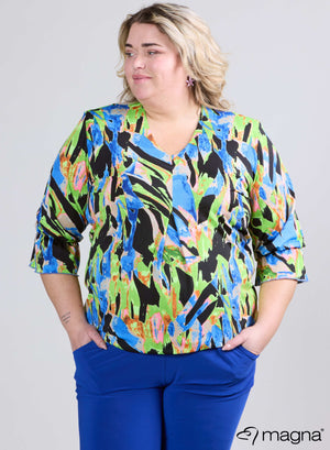 Magna Printed Ruffle Sleeves Puff Shirt Fluo Splash Blue