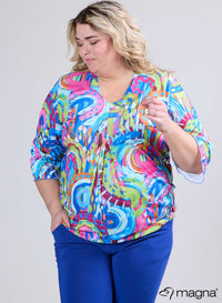 Magna Geprinte Puff Shirt met Ruches en Lange Mouwen, Flowing Canvas Lime Blauw
