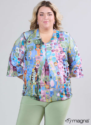 Magna Bedrucktes Puff-Shirt mit Rüschenärmeln Wall Deco Blau Rosa