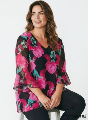 Magna Layered Chiffon Blouse Magenta Green Floral
