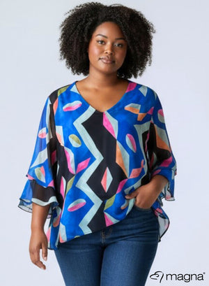 Magna Layered Chiffon Blouse Mixed Shapes Roza Blue