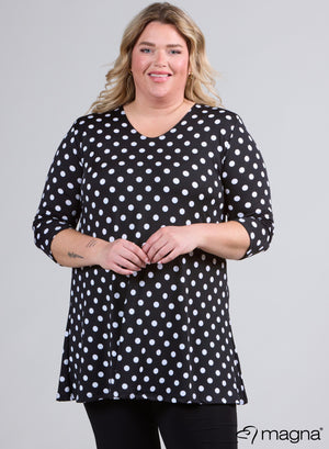 Magna A-lijn lange blouse/tuniek met stippen in zwart
