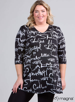 Magna A-lijn lange blouse/tuniek met letterprint in zwart-wit