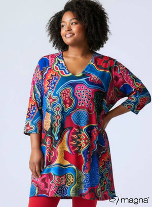 Magna A-line Long Shirt / Tunic Red Blue Tribal Art