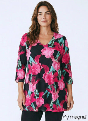 Magna A-line Long Shirt / Tunic Magenta Green Floral
