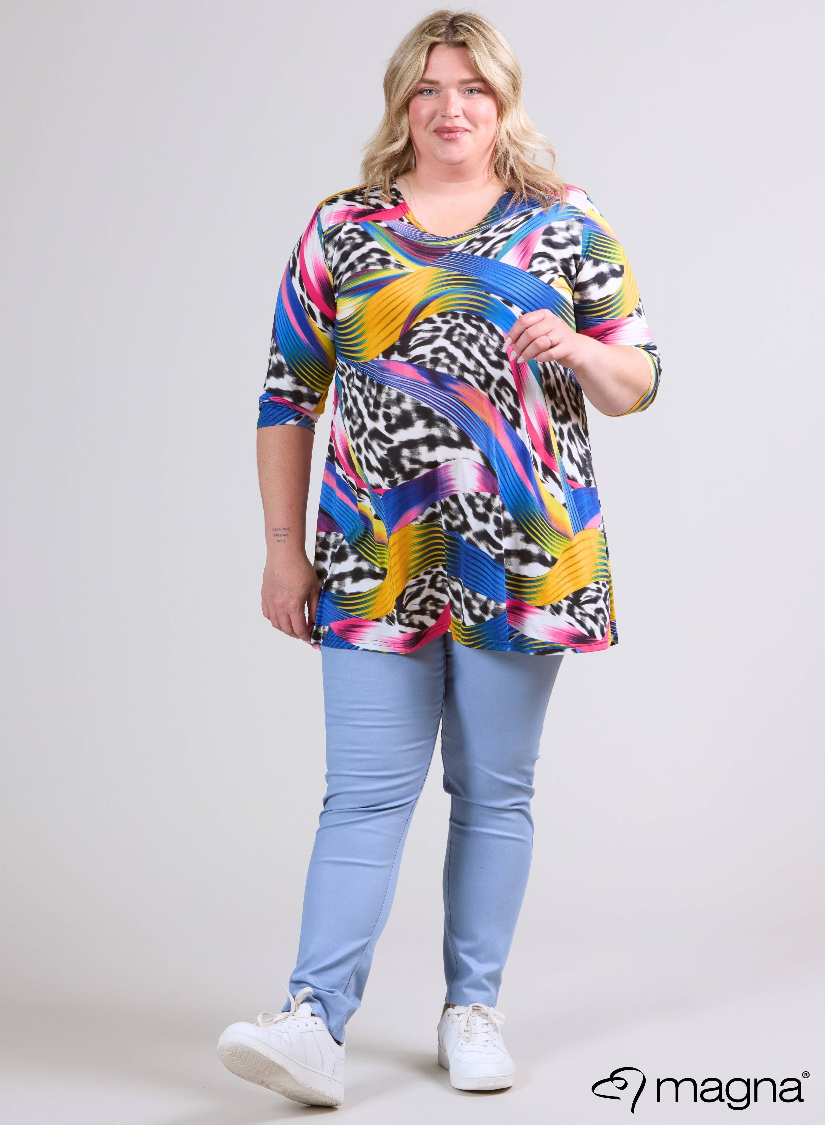 Magna A-Linien-Longshirt / Tunika Gemischte Linien und Animalprint Blau