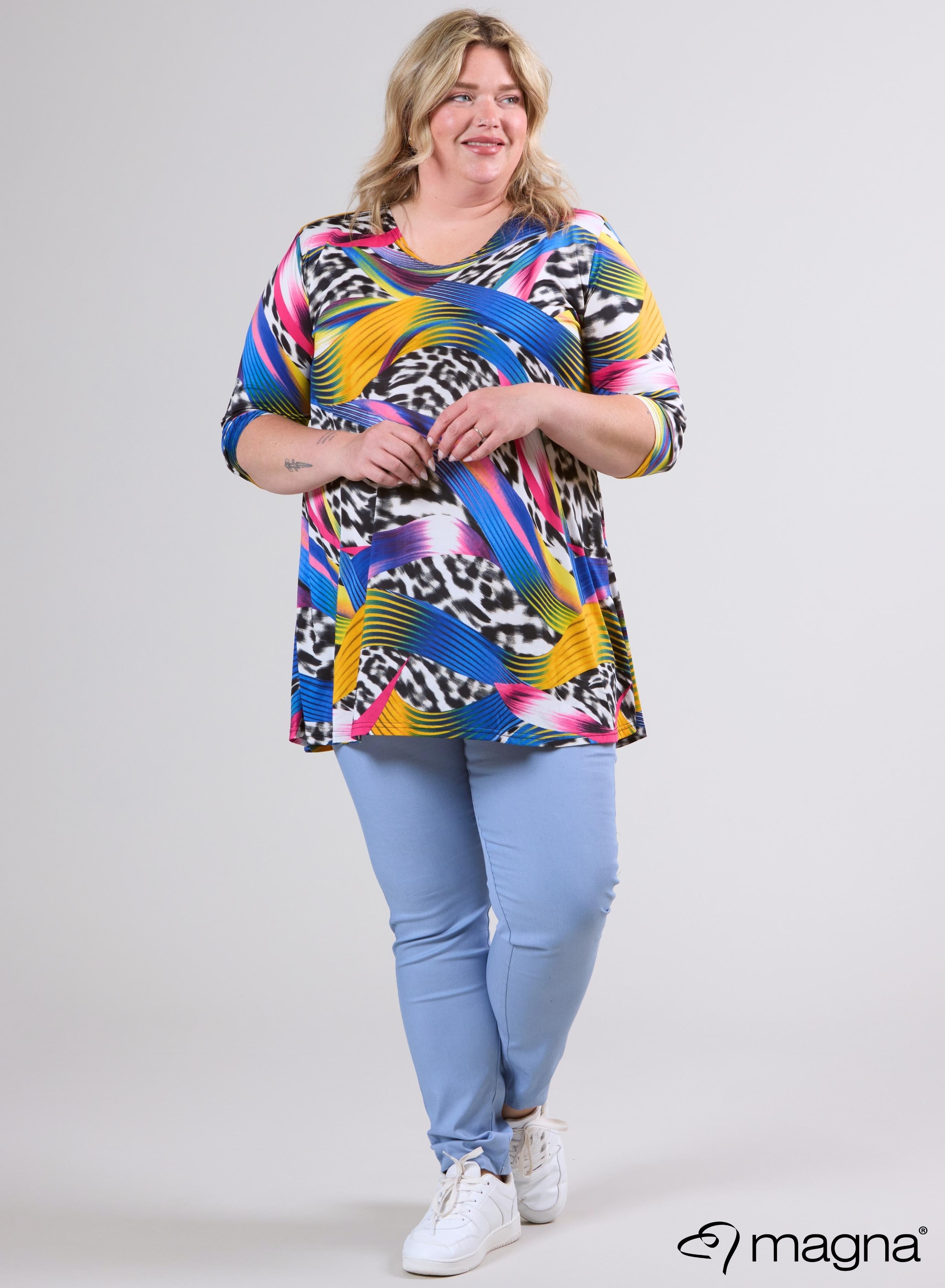 Magna A-Linien-Longshirt / Tunika Gemischte Linien und Animalprint Blau