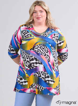 Magna A-Linien-Longshirt / Tunika Gemischte Linien und Animalprint Blau