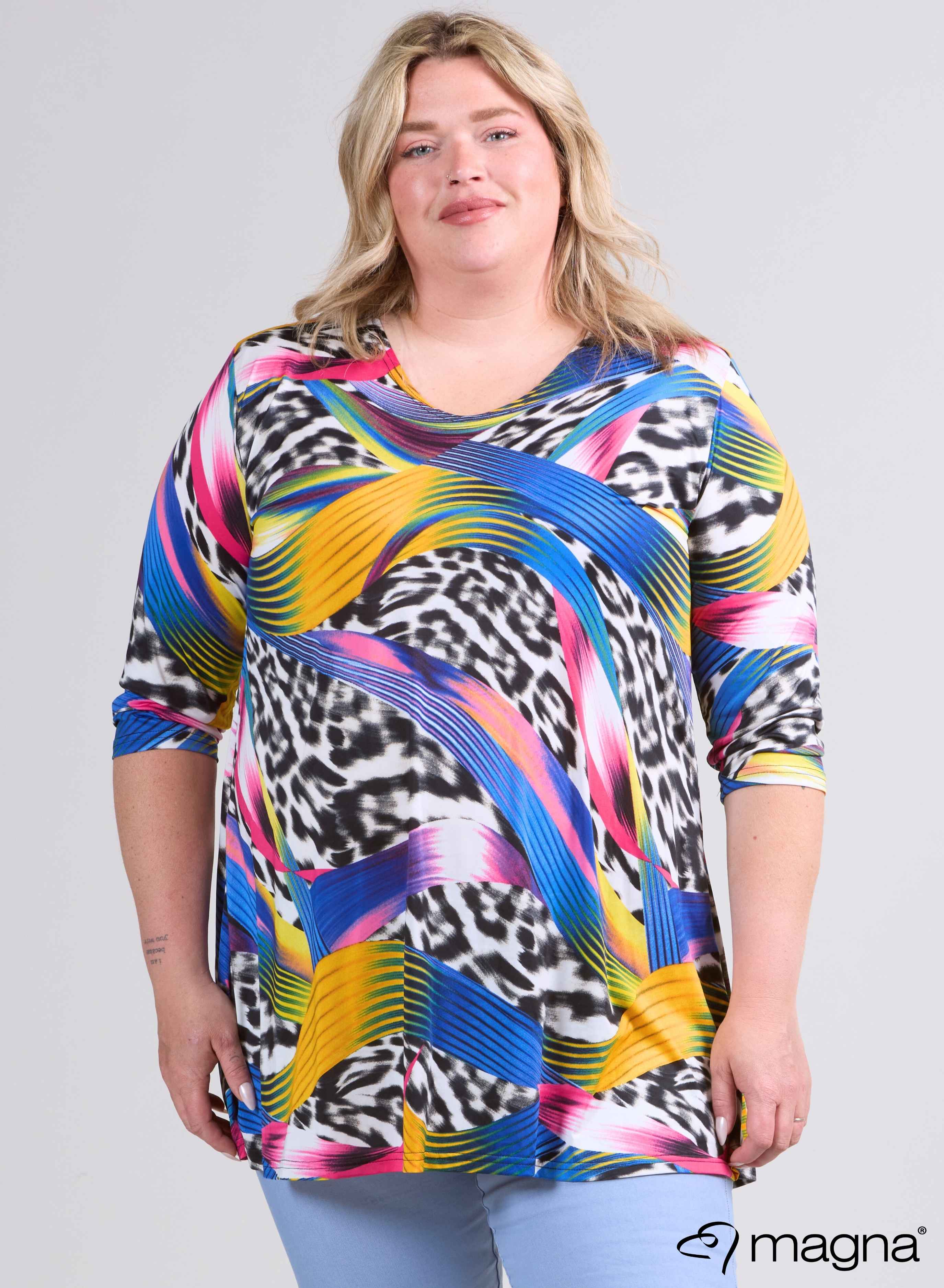 Magna A-Linien-Longshirt / Tunika Gemischte Linien und Animalprint Blau