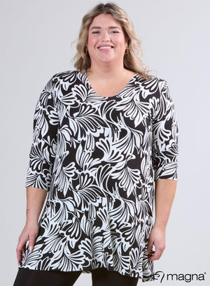Magna A-lijn lange blouse/tuniek zwart-wit bloemenprint