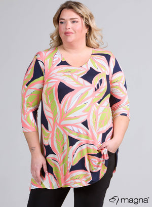 Magna A-lijn lange blouse/tuniek met kunstbladeren in limoen- en koraalmotief
