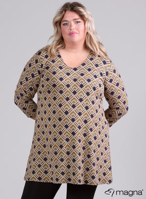 Magna A-lijn lange blouse/tuniek met driehoekige geometrische print in okerkleur
