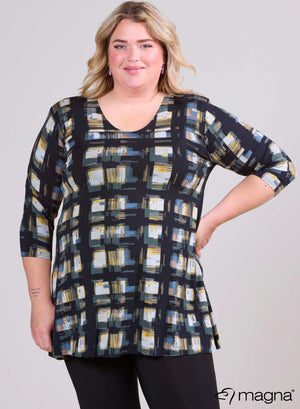 Magna A-lijn lange blouse/tuniek geborstelde blokken mosterdgroen