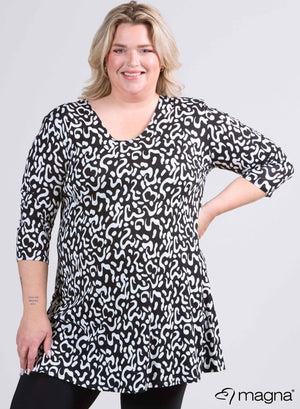 Magna A-lijn lange blouse/tuniek met wormmotief in zwart-wit