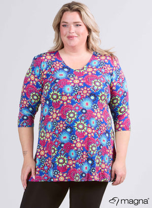 Magna A-lijn lange blouse/tuniek met bloemenprint in roze en blauw