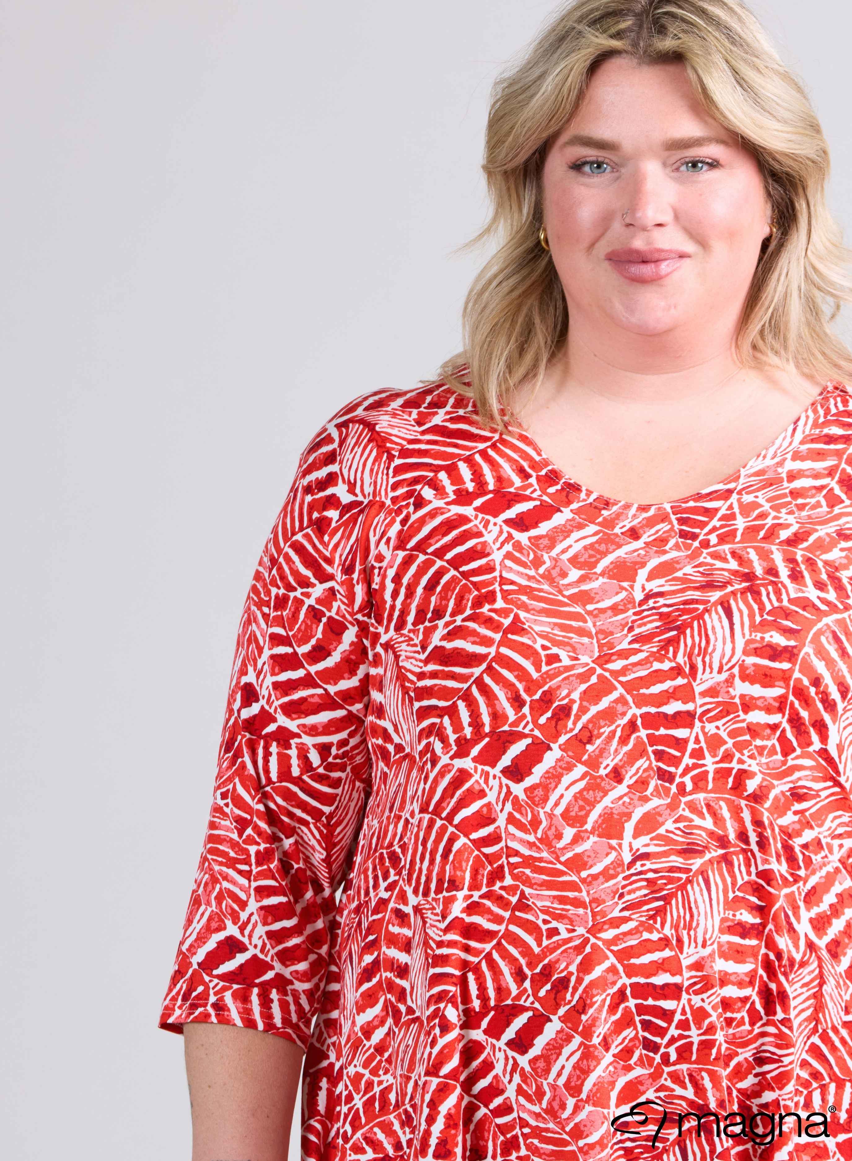 B-6004 -Longshirt Magna Weiß Viskose Print Soft Leaves Rot
