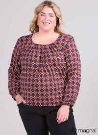 Magna Puff Shirt With Elastic Band Triangle Geometric Print Plum