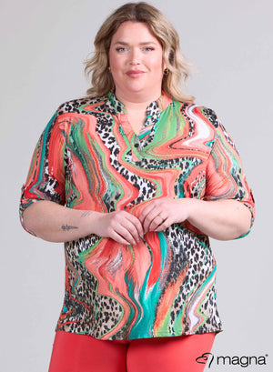Magna Roll-up Shirt met dierenprint en golvende patronen, koraal/groen