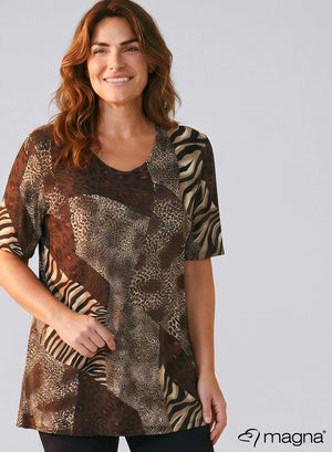 Magna Short Sleeve A line Shirt Animal Patches Brown