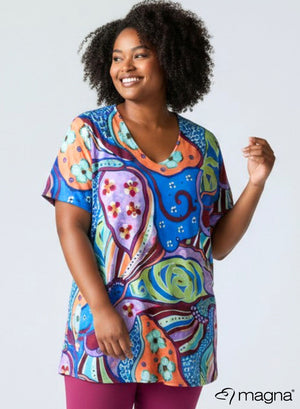 Magna Short Sleeve A line Shirt Orange Blue Flower Art