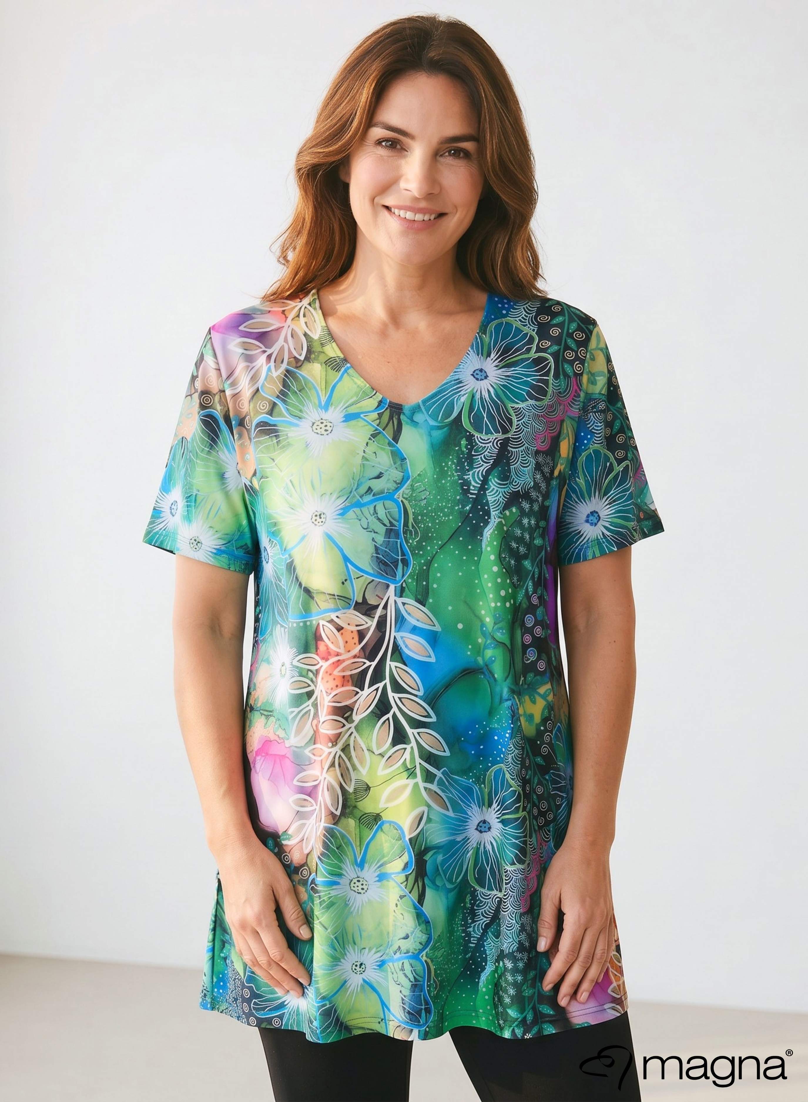 Magna A-lijn T-shirt met korte mouwen Flower Jungle Groen