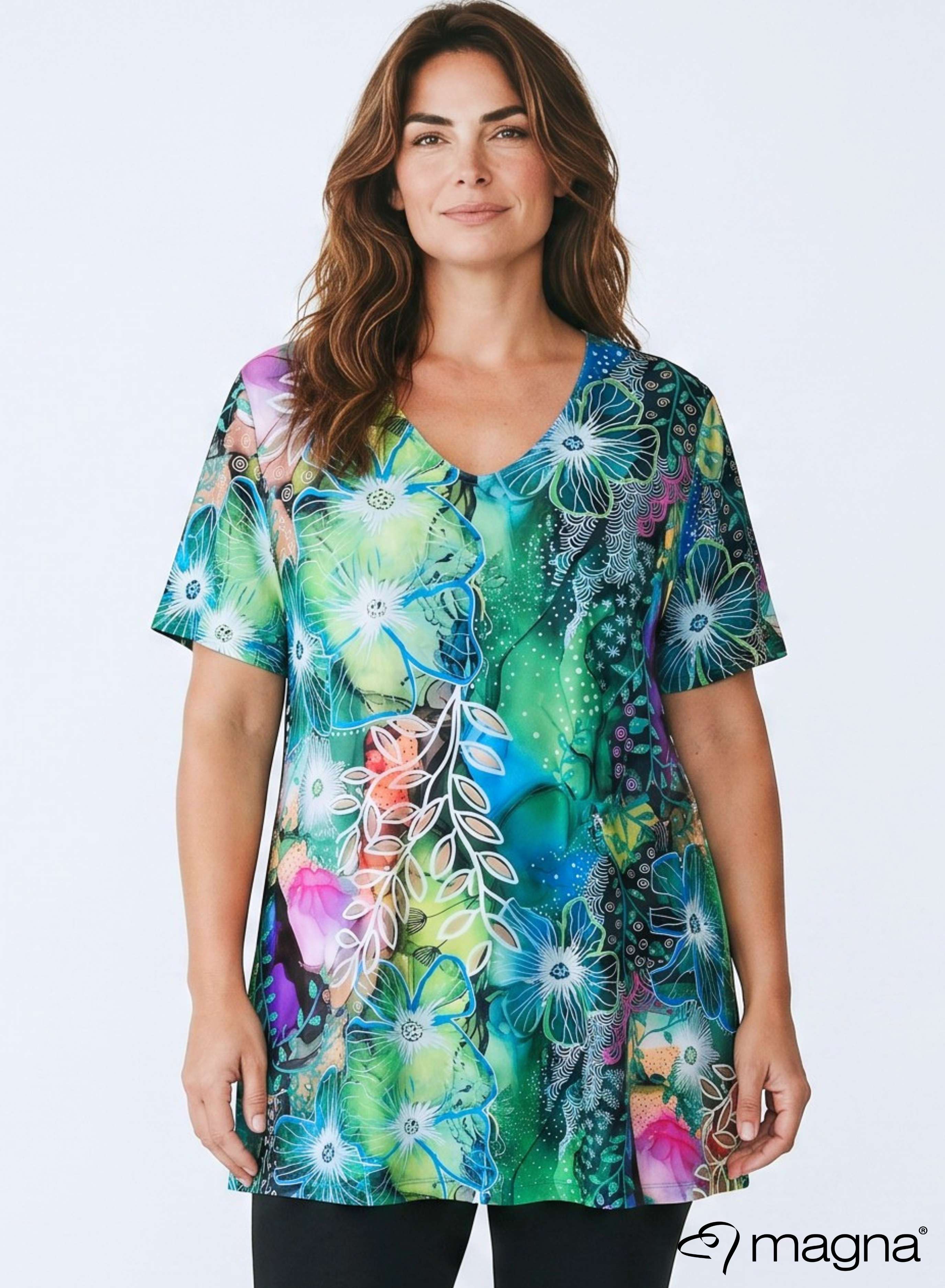Magna A-lijn T-shirt met korte mouwen Flower Jungle Groen