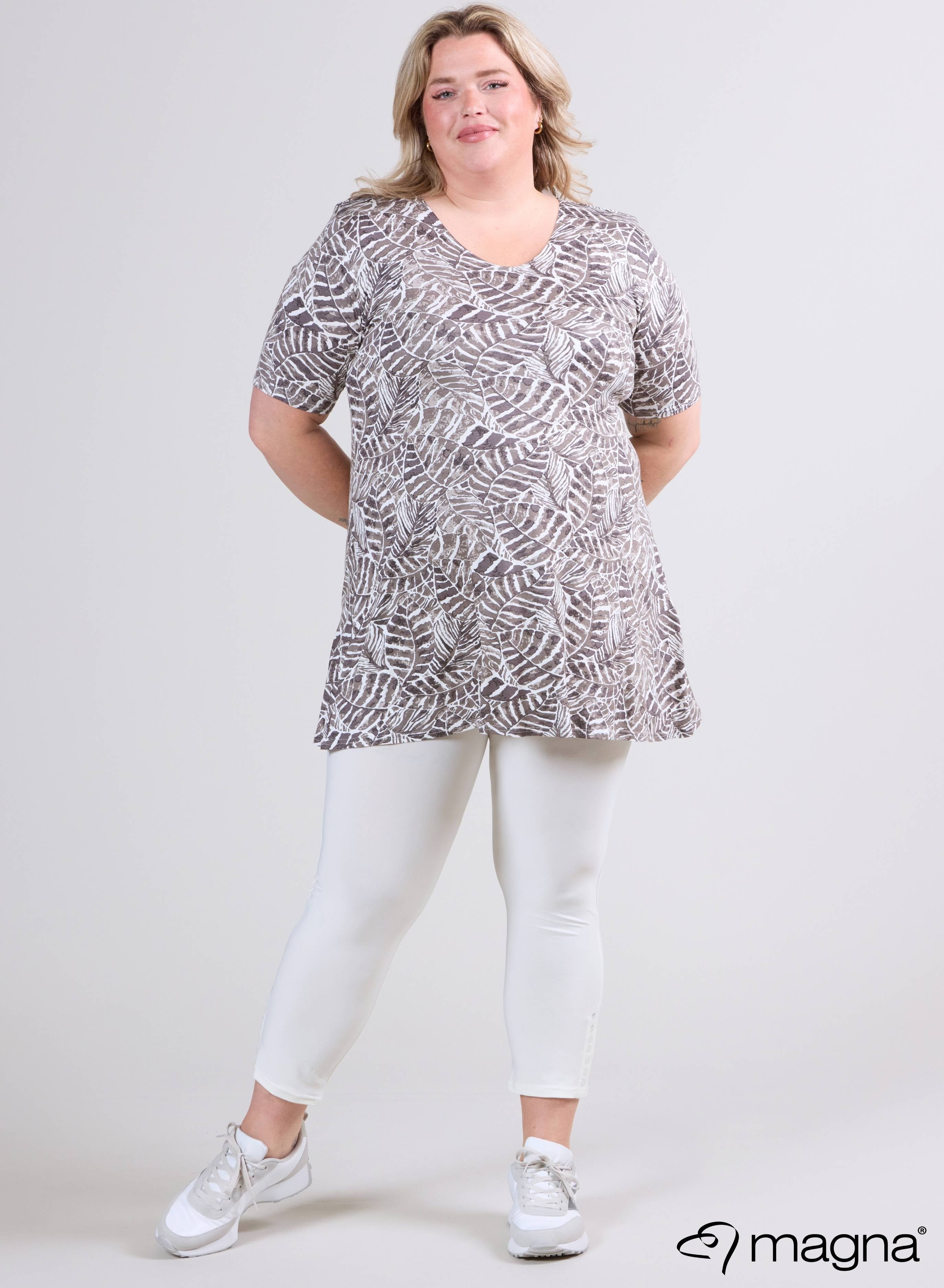 Magna shirt met korte mouwen en A-lijn model, zachte bladeren, taupe