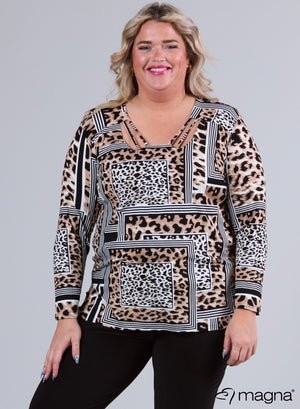 B-9005 - Viskose Printend Criss Cross Ausschnitt Top Braun Leo Linien