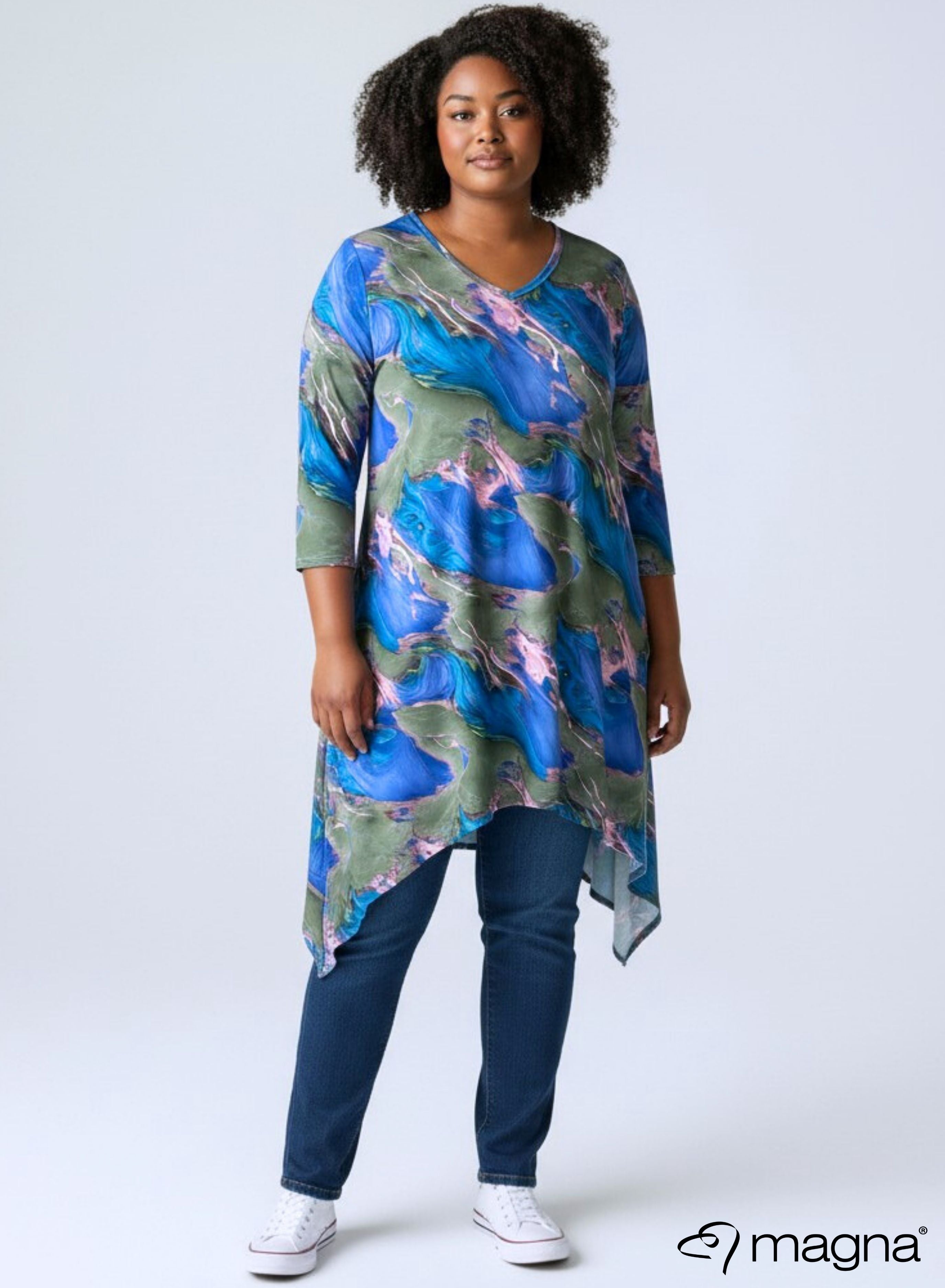 Magna A-line Pointed Tunic Green Blue Swirl