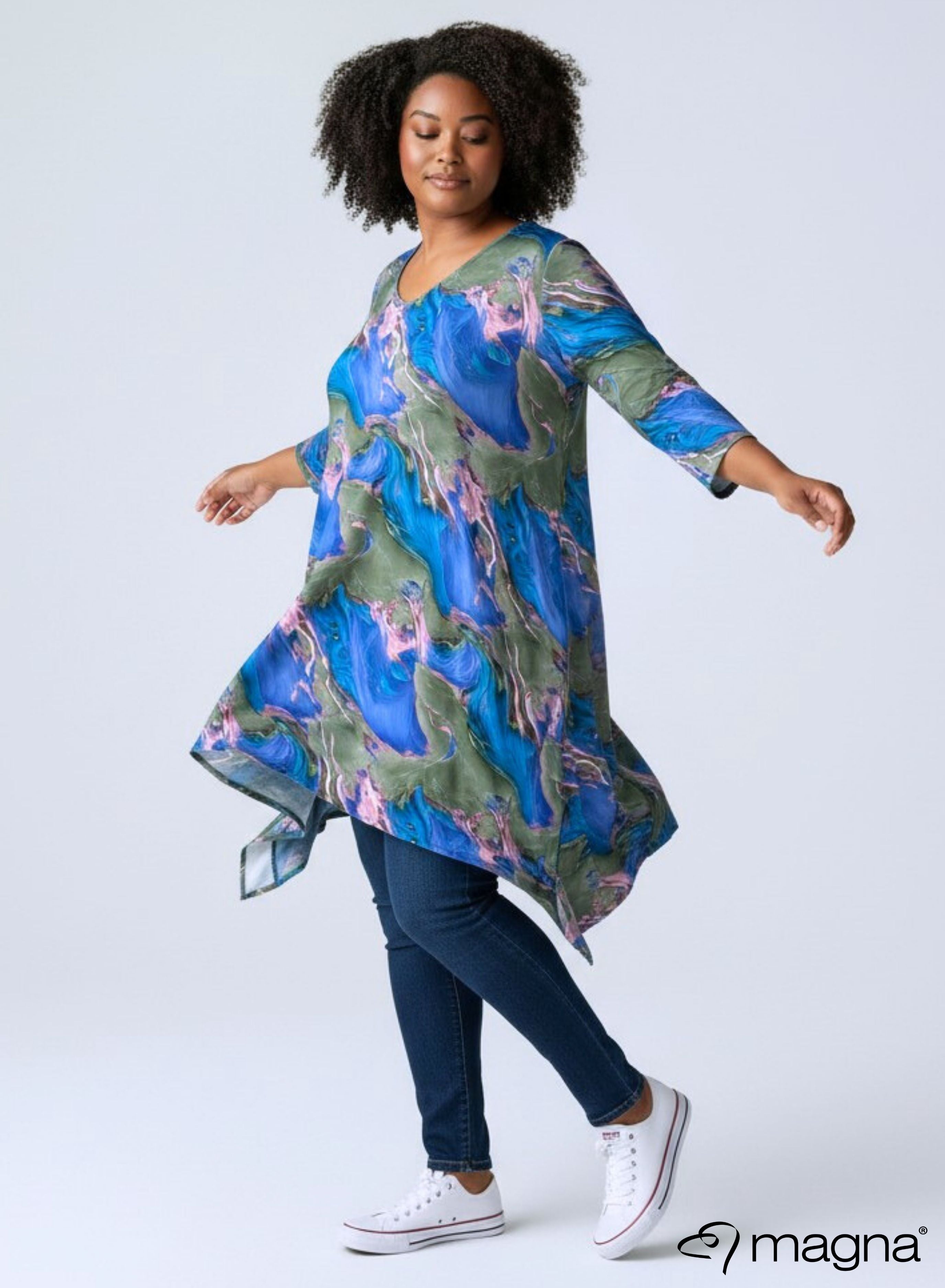 Magna A-line Pointed Tunic Green Blue Swirl