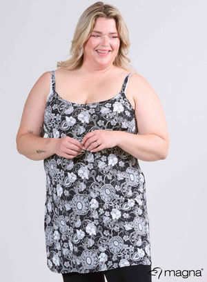 Magna Lange Spaghetti Tuniek Bloemen Zwart-wit