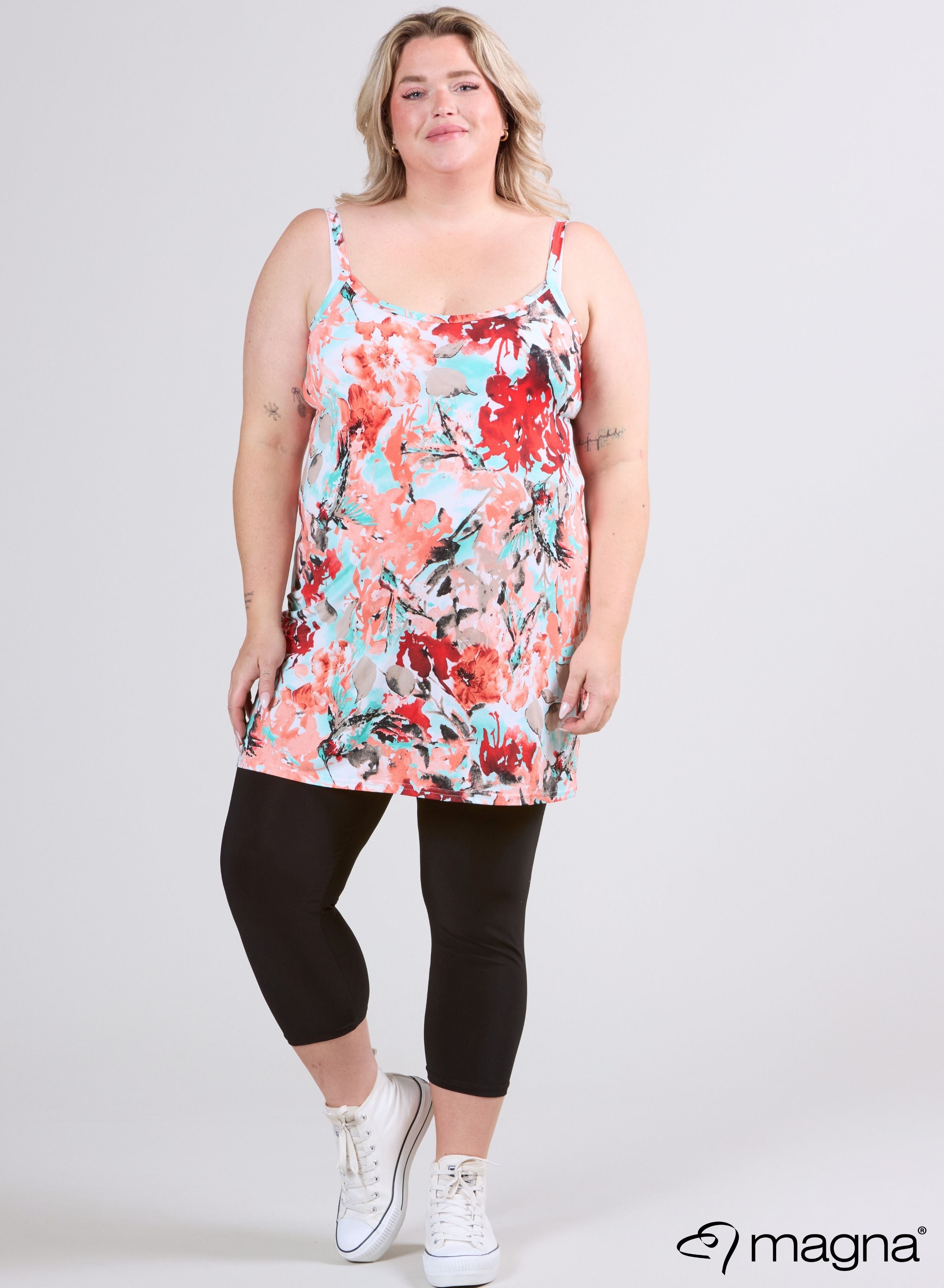 Magna Lange Spaghetti-Tunika Blume Rot Mint