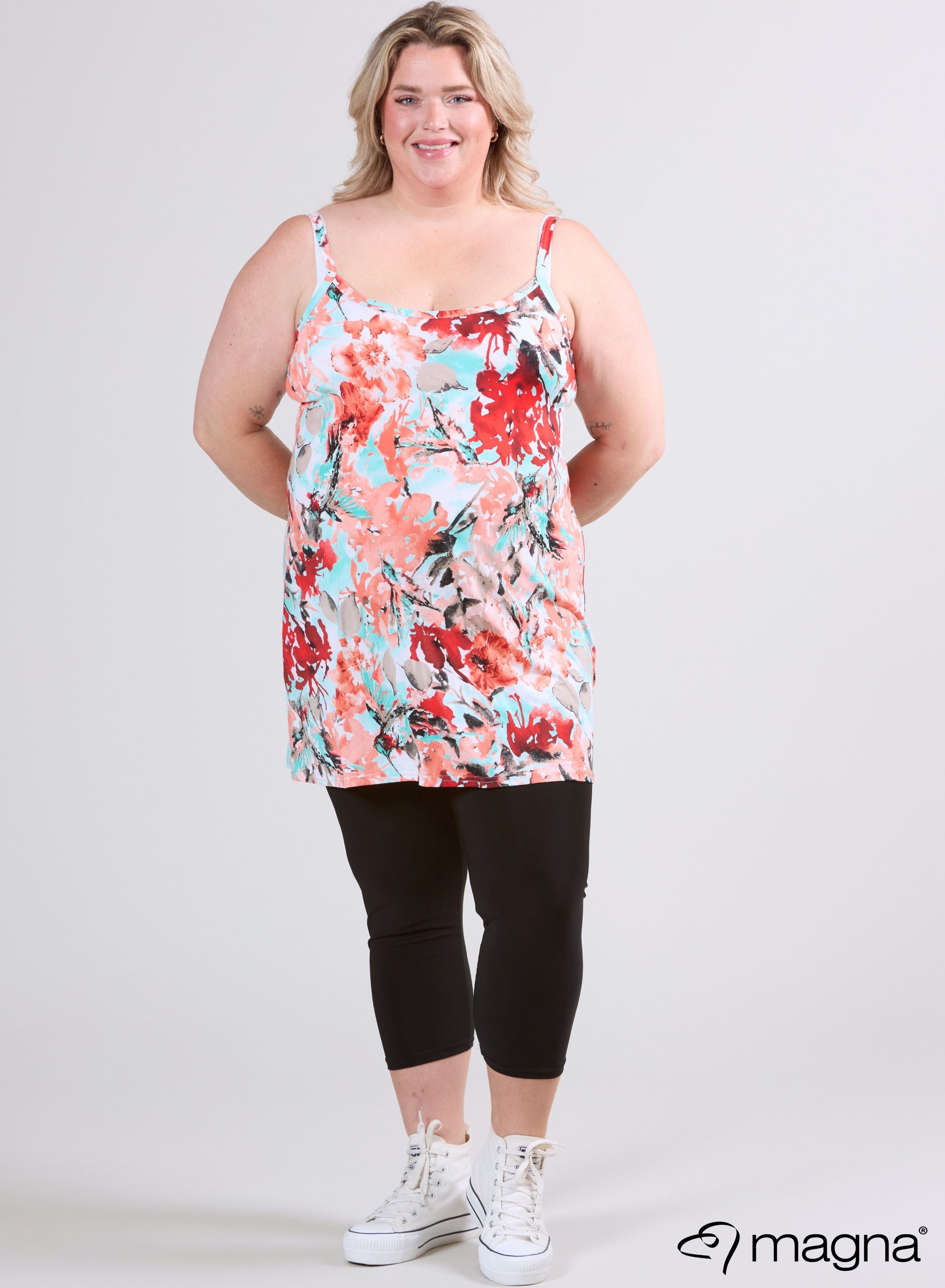 Magna Lange Spaghetti-Tunika Blume Rot Mint