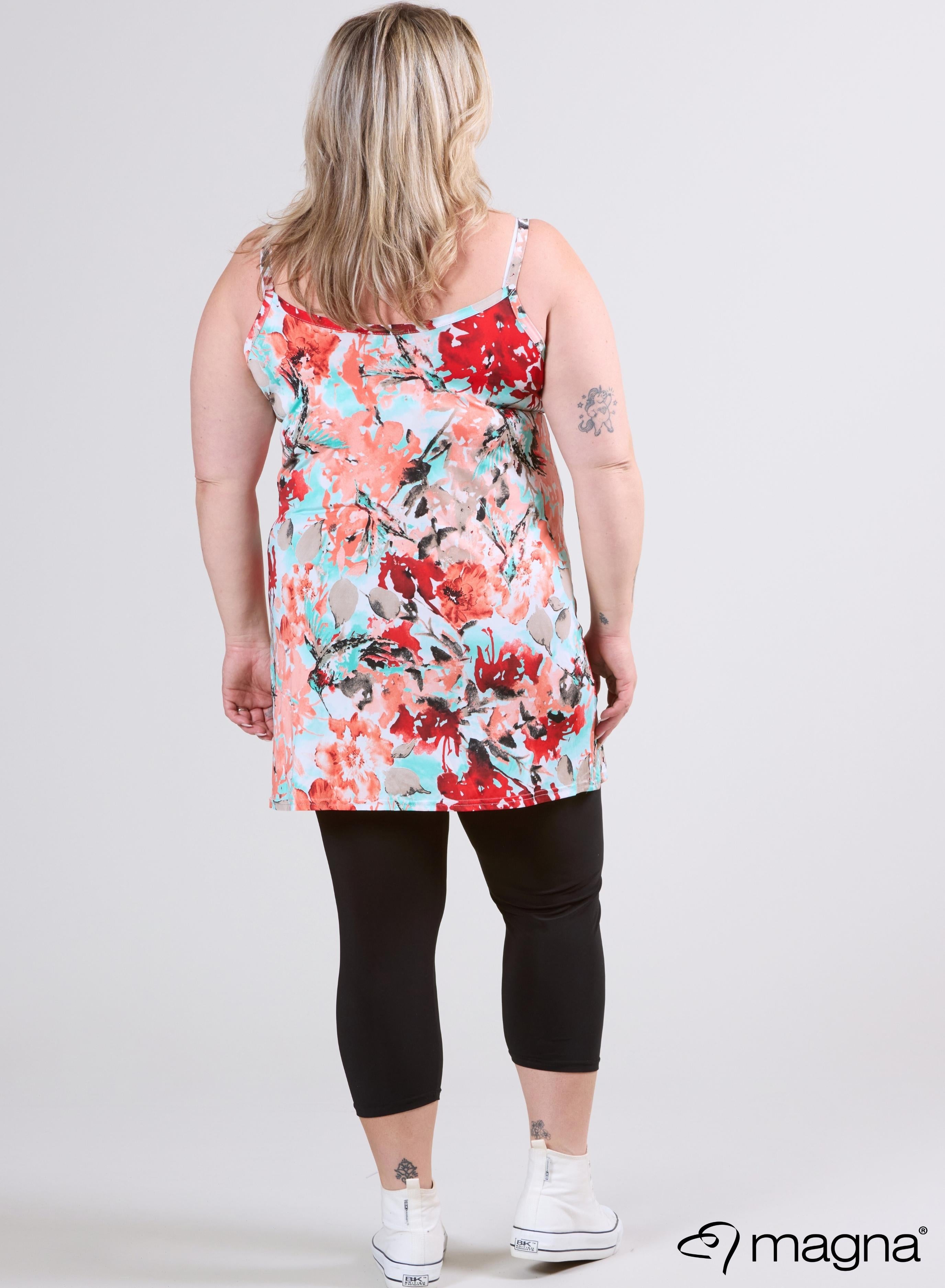 Magna Lange Spaghetti-Tunika Blume Rot Mint