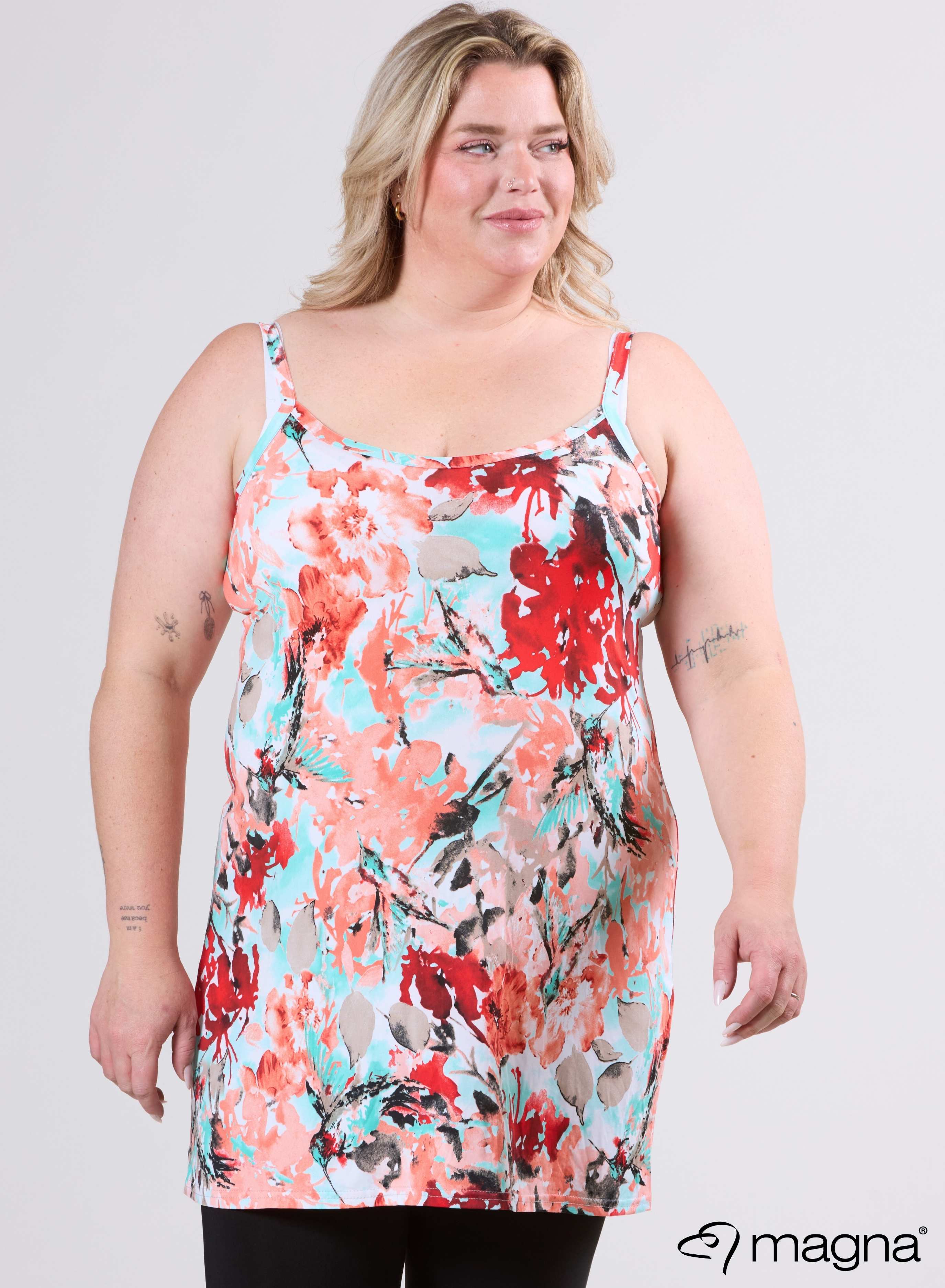 Magna Lange Spaghetti-Tunika Blume Rot Mint