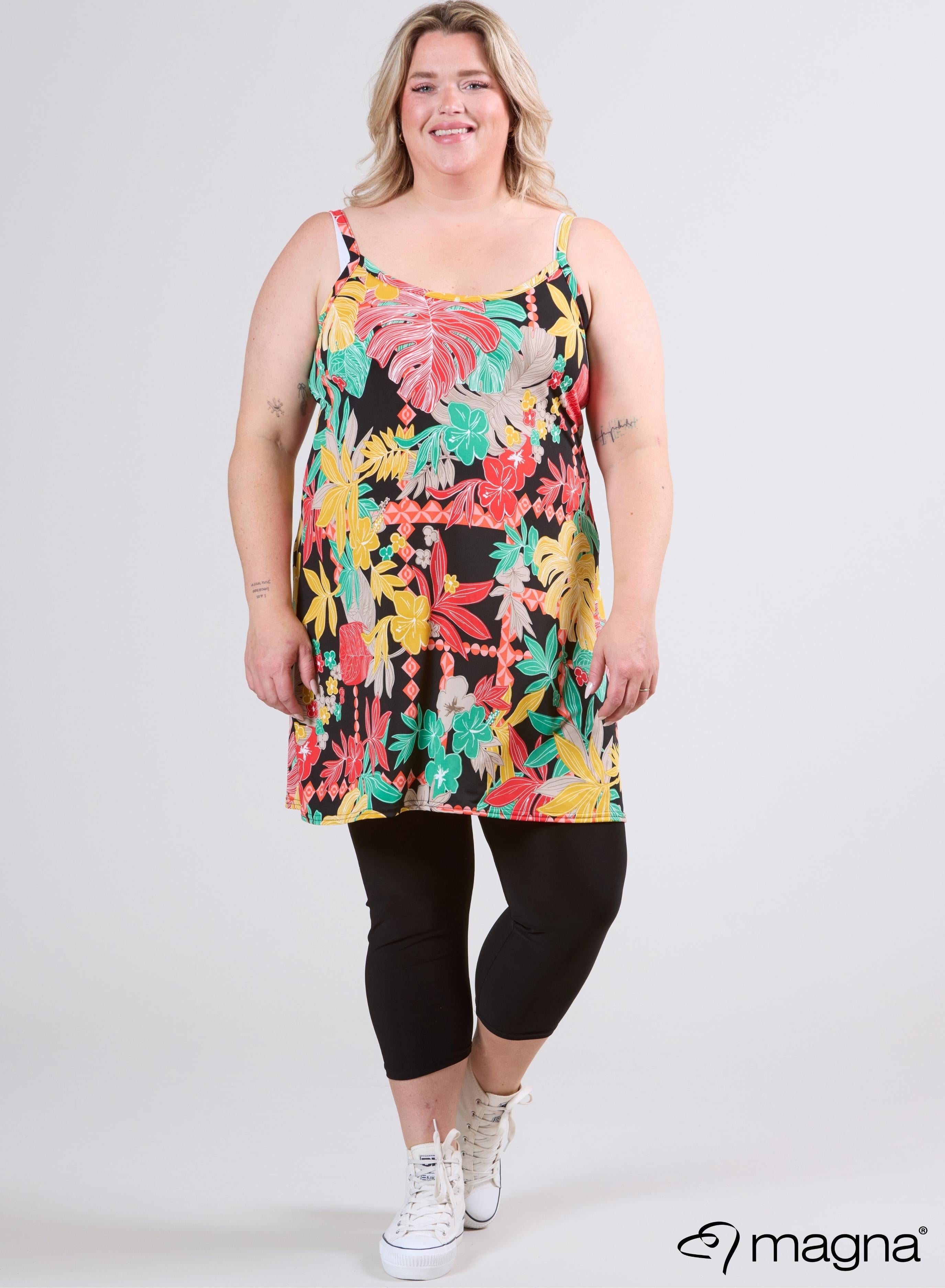 Magna Long Spaghetti Tunic Jungle Leaves Orange