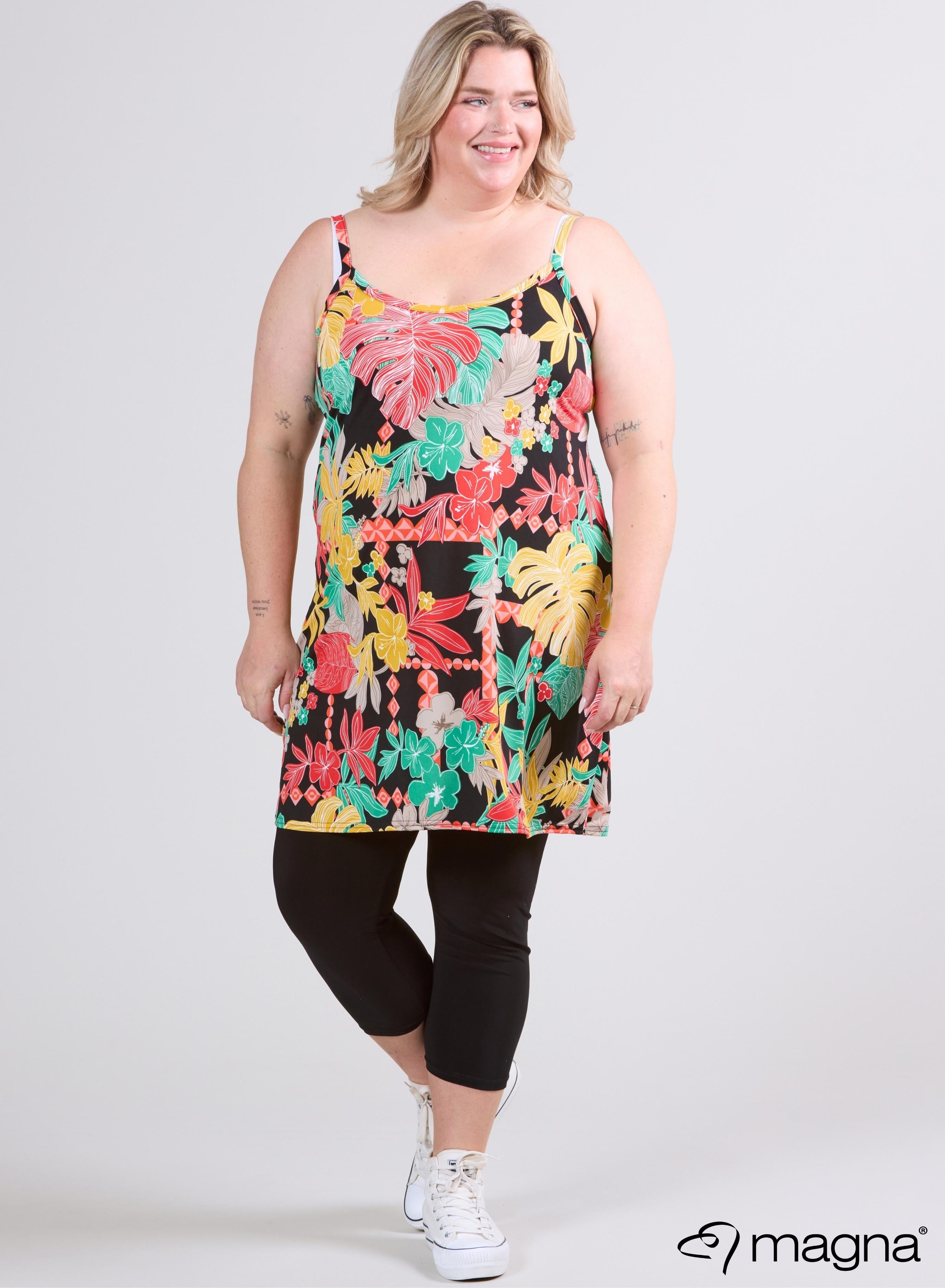 Magna Long Spaghetti Tunic Jungle Leaves Orange