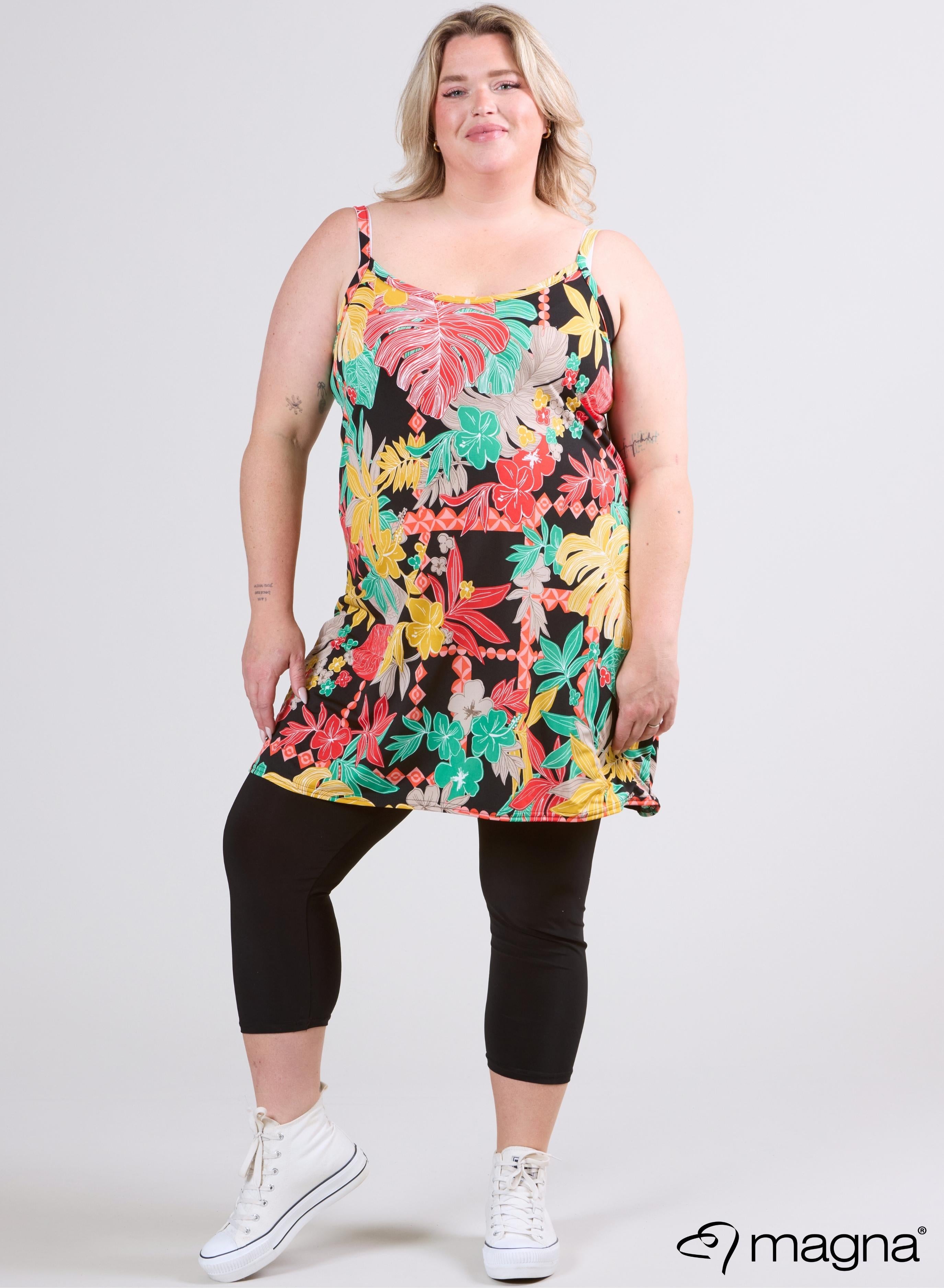Magna Long Spaghetti Tunic Jungle Leaves Orange