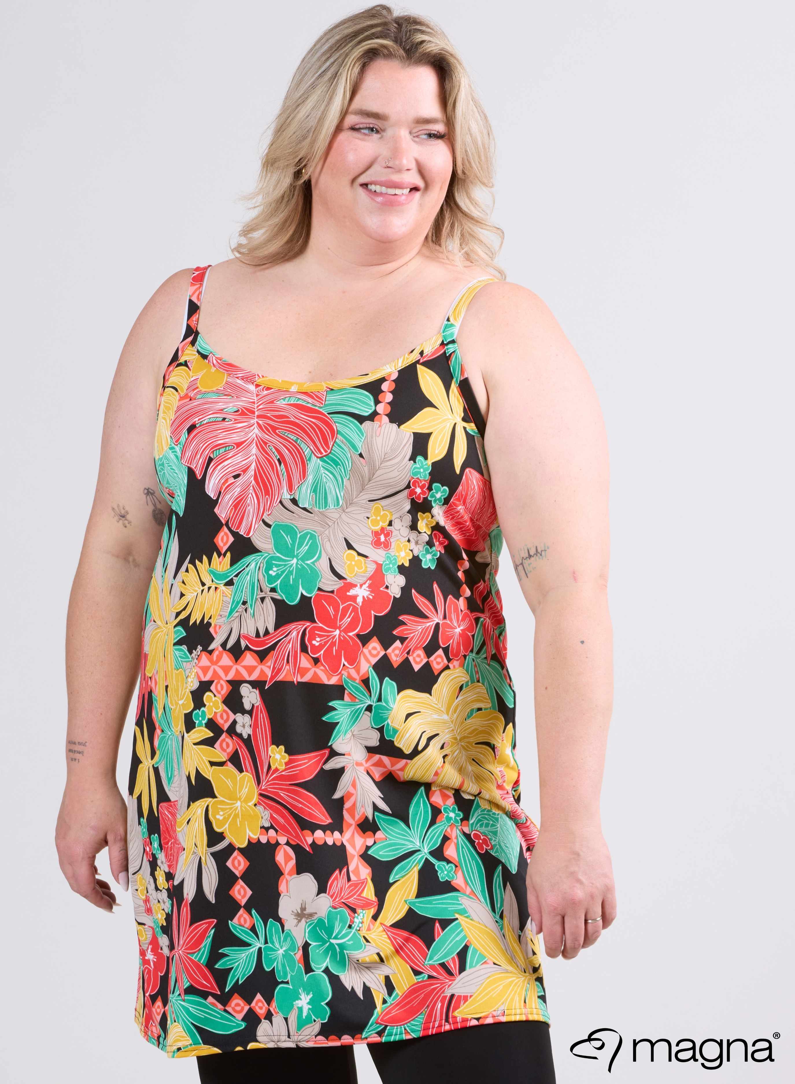 Magna Long Spaghetti Tunic Jungle Leaves Orange