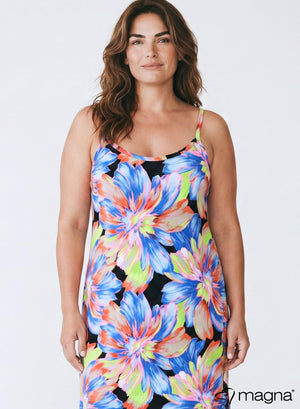 Magna Lange Spaghettitop Neon Bloemen Blauw