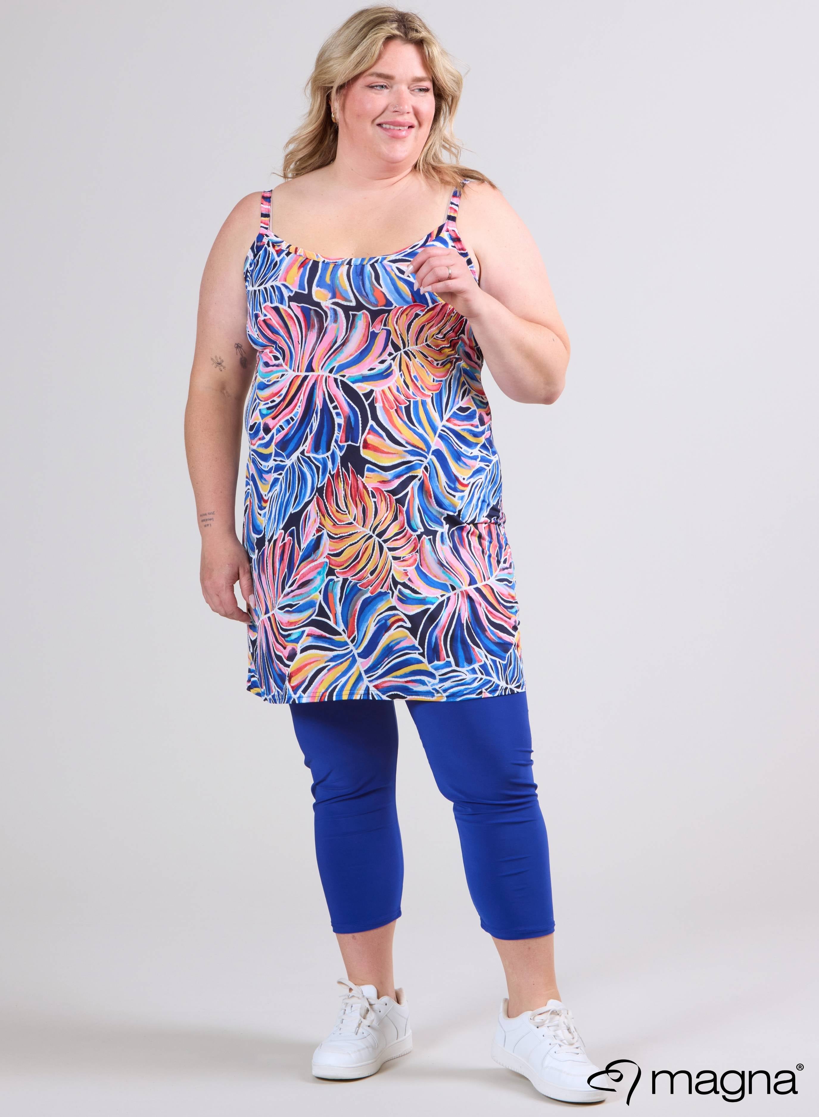Magna Long Spaghetti Tunic Rosa Blue Jungle Summer Print