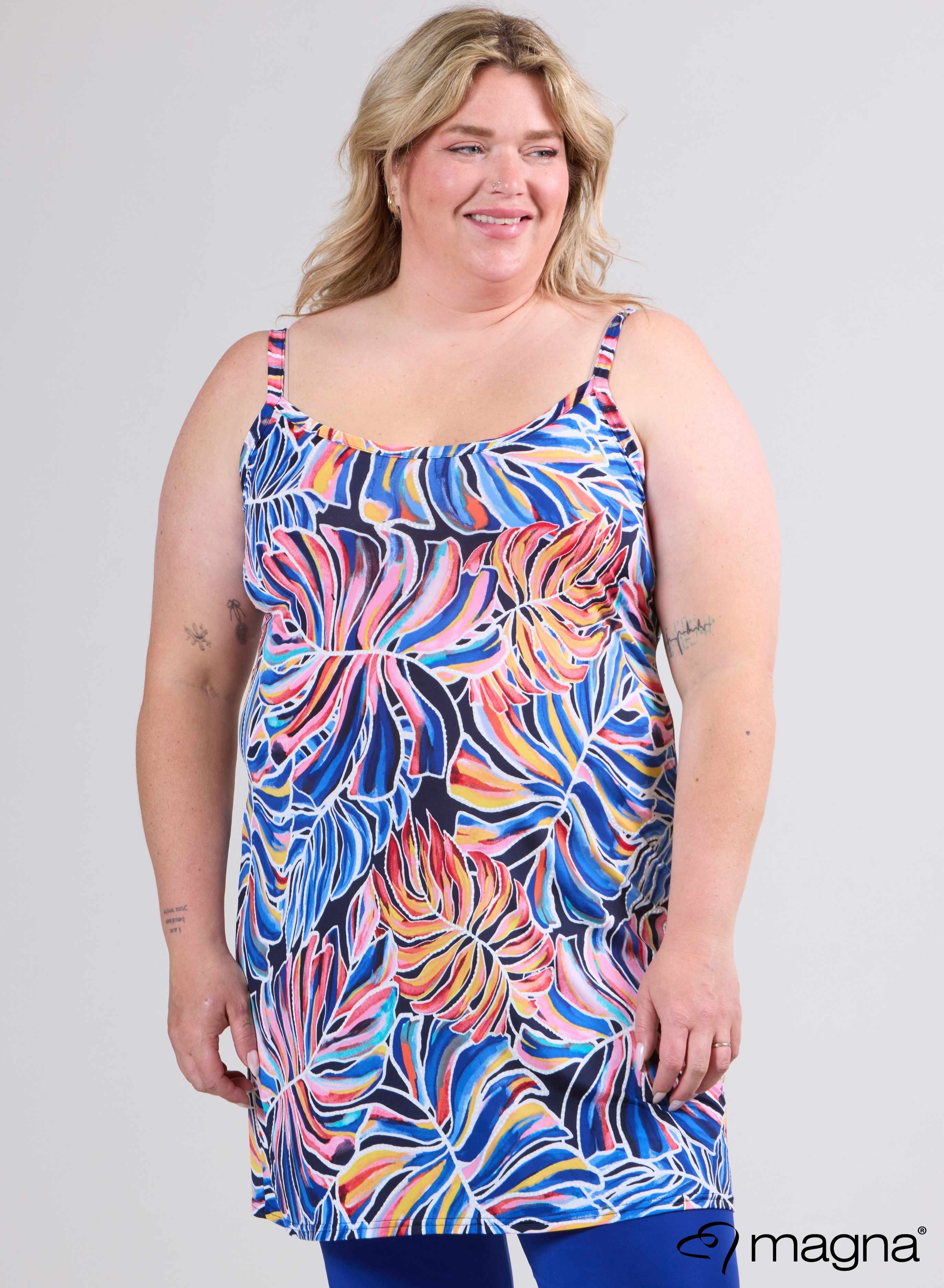 Magna Long Spaghetti Tunic Rosa Blue Jungle Summer Print