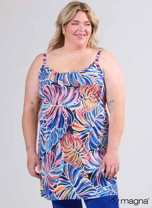 Magna Lange Spaghetti Tuniek Roze Blauw Jungle Zomerprint