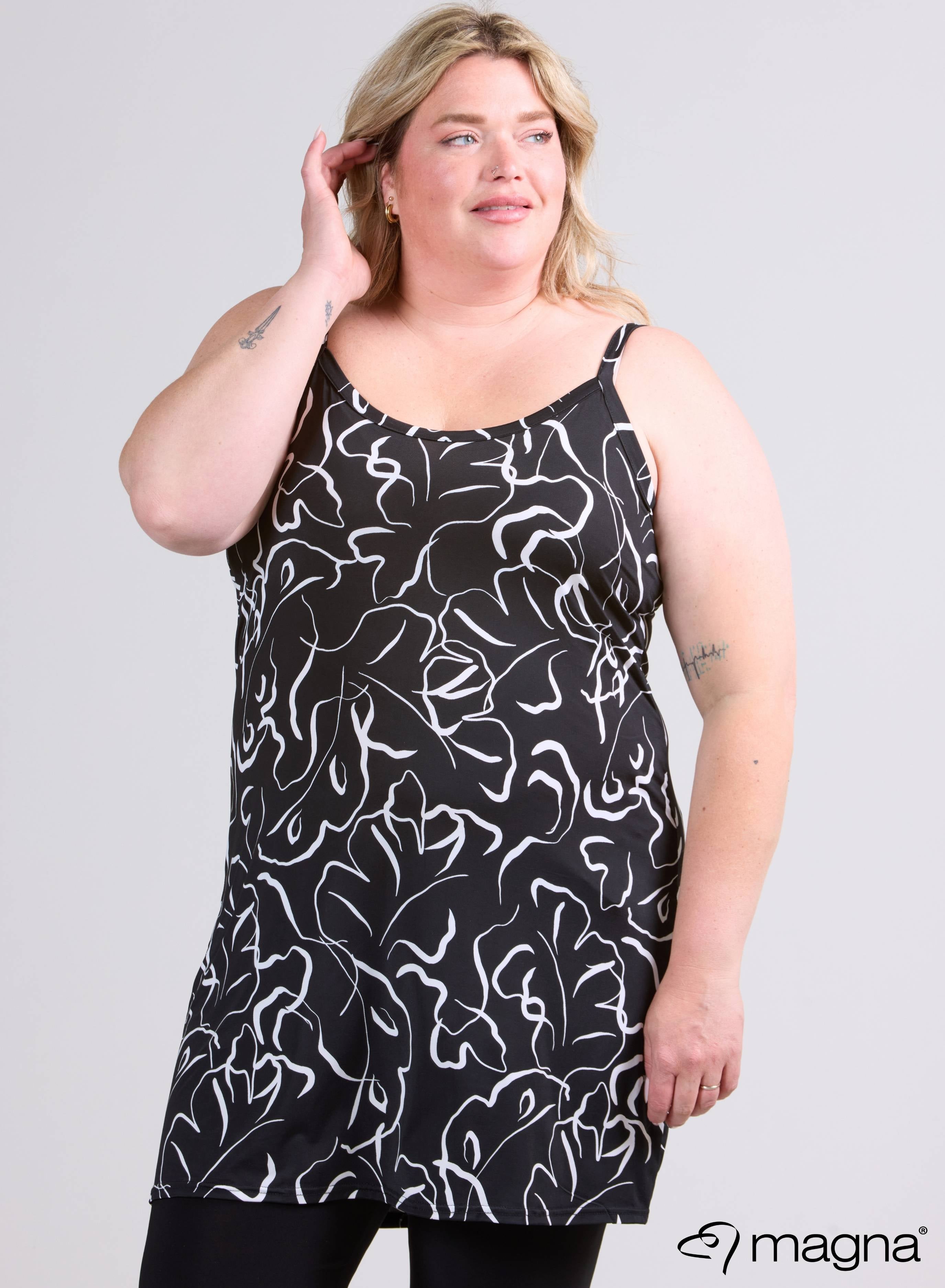 Magna Lange Spaghetti-Tunika Kleines Wellenmuster S/W